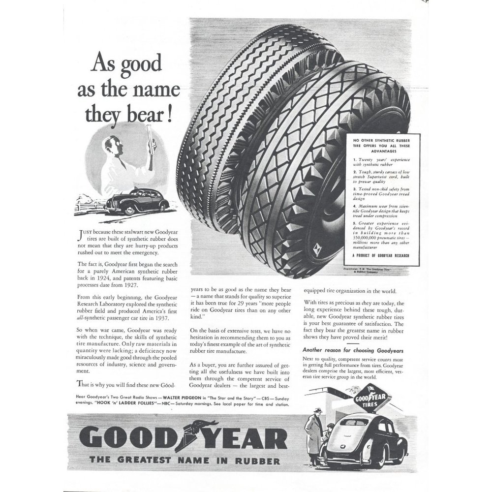 1944 Goodyear Tires Vintage Print Ad Supertwist Tire Synthetic Rubber Wall Art